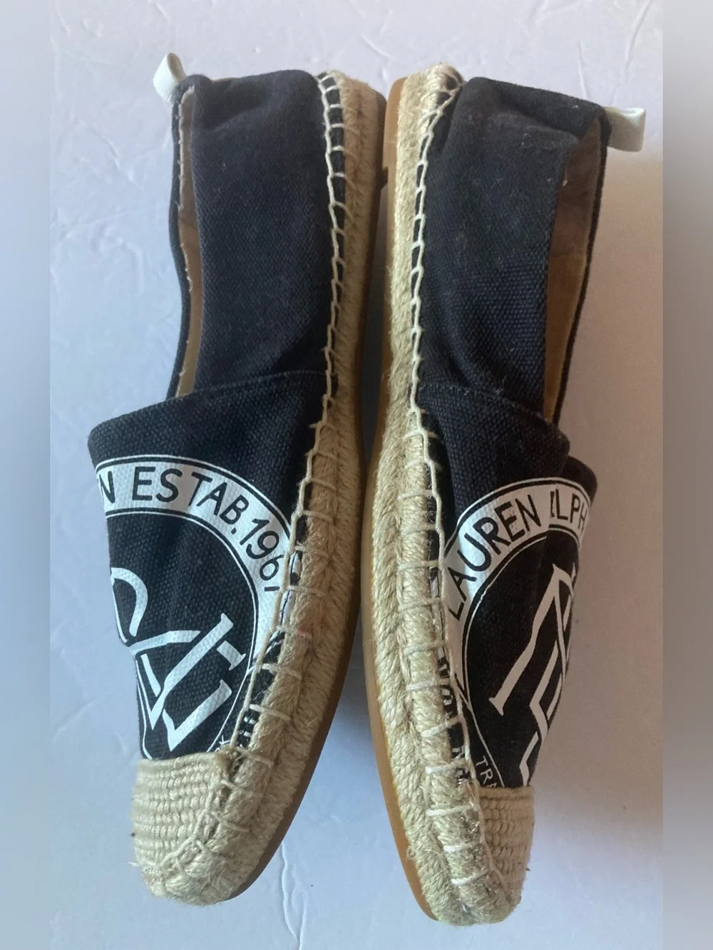 Ralph Lauren SZ 7.5 Black Espadrilles prominent white logo.Slip on flats. - Picture 6 of 9